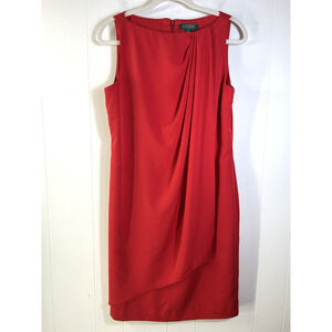 Ralph Lauren LRL Sheath Career Dress Size 10 Sleeveless Draped Red Holiday Wear
